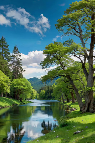 河畔绿树蓝天白云自然风光 河畔绿树蓝天白云自然风光