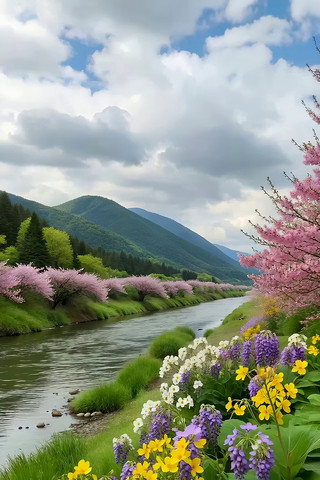 河畔山峦烂漫花海风景 河畔山峦烂漫花海风景