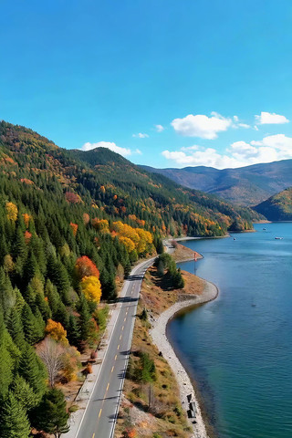 湖边公路秋景航拍 湖边公路秋景航拍