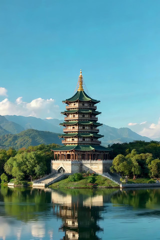 湖边中式古塔风景 湖边中式古塔风景