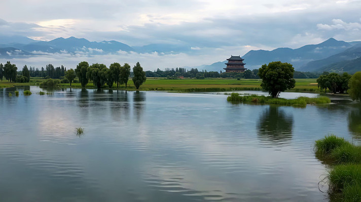 湖泊边古塔与山水风光 湖泊边古塔与山水风光