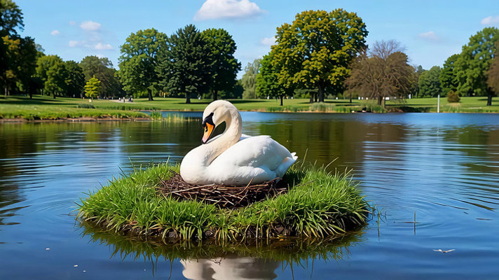 湖面浮岛上休憩的白天鹅 湖面浮岛上休憩的白天鹅