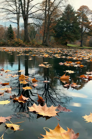 湖面漂浮的秋日落叶 湖面漂浮的秋日落叶