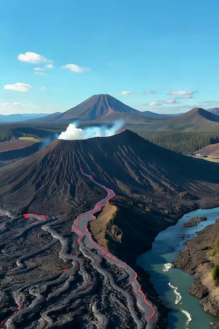 火山喷发及熔岩流动景观 火山喷发及熔岩流动景观