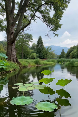 湖畔大树下荷叶漂浮自然风光 湖畔大树下荷叶漂浮自然风光
