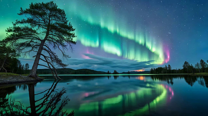 湖畔森林极光夜景 湖畔森林极光夜景