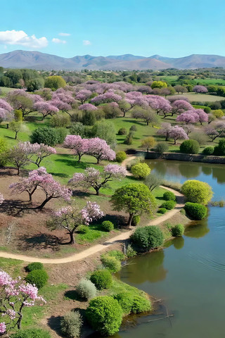 湖畔盛开的粉色花树自然风光 湖畔盛开的粉色花树自然风光