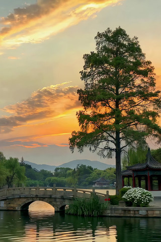 湖畔石桥与夕阳风景 湖畔石桥与夕阳风景