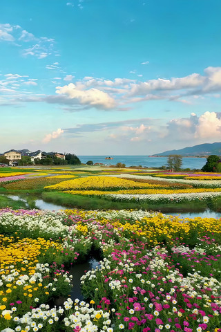 湖畔五彩花海自然风光 湖畔五彩花海自然风光