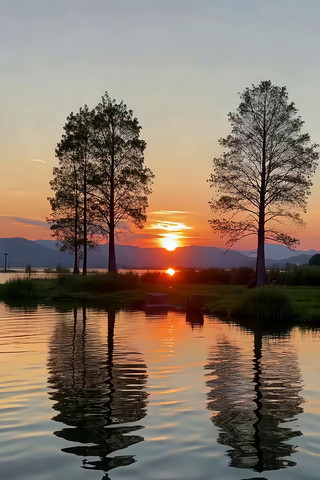 湖畔夕阳倒影自然风光 湖畔夕阳倒影自然风光
