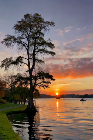 湖畔夕阳下的树木风景 湖畔夕阳下的树木风景