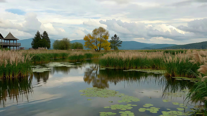 湖畔自然风光与中式凉亭景致 湖畔自然风光与中式凉亭景致