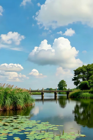 湖上水塘木桥自然风光 湖上水塘木桥自然风光