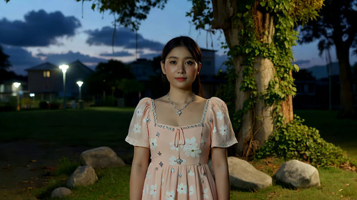 户外傍晚站立的年轻女子 户外傍晚站立的年轻女子