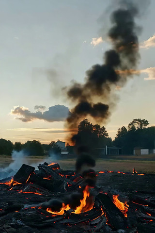 户外燃烧木柴火焰与烟云景象 户外燃烧木柴火焰与烟云景象