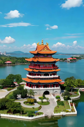 湖中小岛上的中式古建筑 湖中小岛上的中式古建筑
