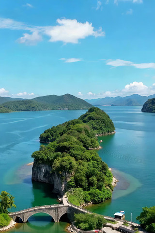 湖中小岛石桥全景风光 湖中小岛石桥全景风光