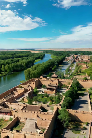 嘉峪关古城河流全景 嘉峪关古城河流全景