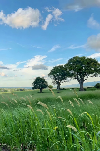 开阔草地树木与蓝天白云风景 开阔草地树木与蓝天白云风景