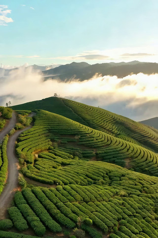 空中俯瞰云雾缭绕的茶园 空中俯瞰云雾缭绕的茶园