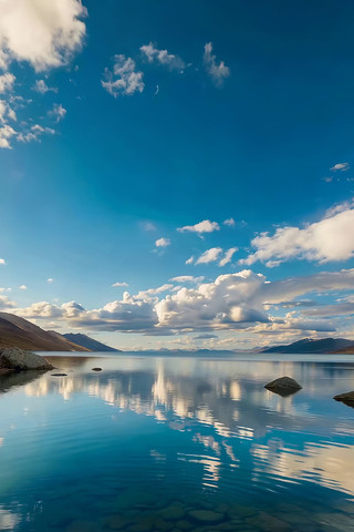 蓝天白云下的平静湖水 蓝天白云下的平静湖水