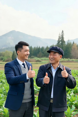两人在农田竖起大拇指 两人在农田竖起大拇指