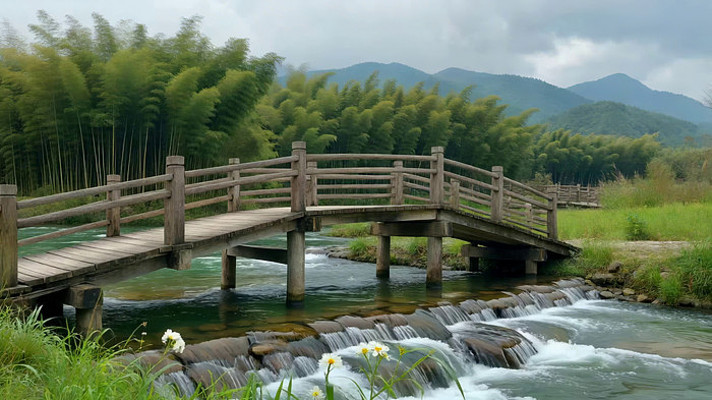 木桥横跨溪流山水风光 木桥横跨溪流山水风光