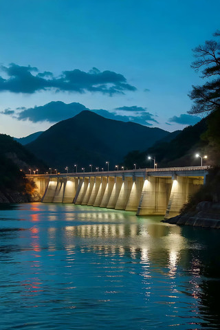 暮色中水库大坝与山水景观 暮色中水库大坝与山水景观