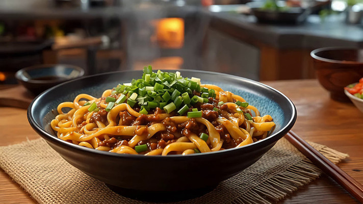 木桌碗装肉酱葱花面条 木桌碗装肉酱葱花面条