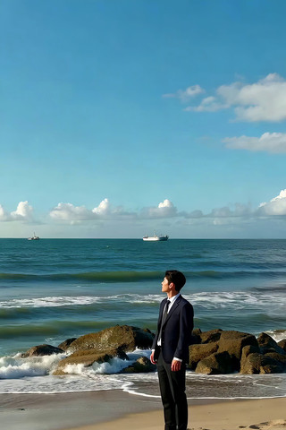 男子海边沙滩站立眺望大海 男子海边沙滩站立眺望大海