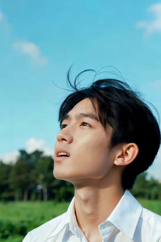 男子户外仰头望向天空 男子户外仰头望向天空