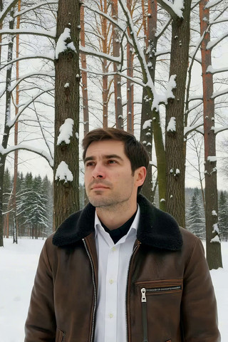 男子雪中森林站立 男子雪中森林站立