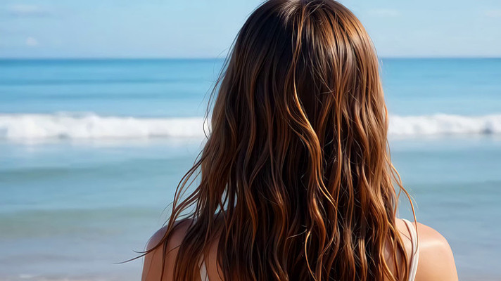 女子海滩背影眺望海洋 女子海滩背影眺望海洋