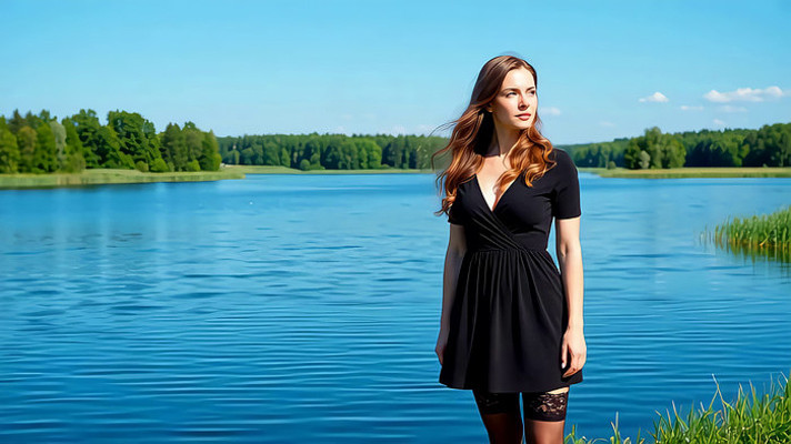 女子湖边长发飘逸站立 女子湖边长发飘逸站立