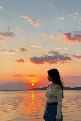 女子湖畔赏夕阳全景 女子湖畔赏夕阳全景