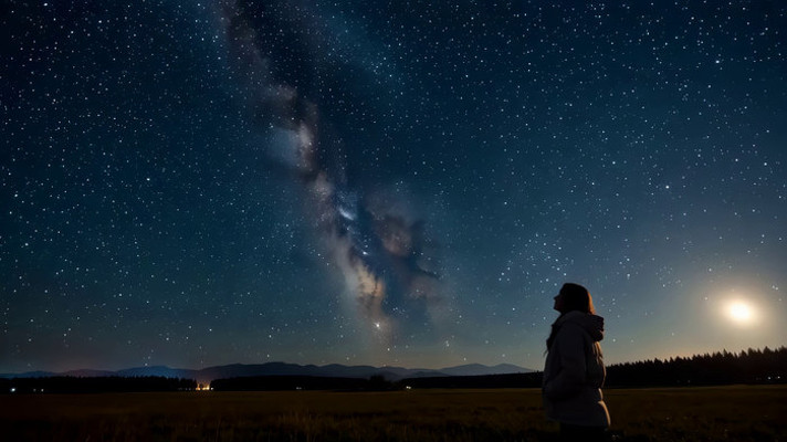 女子户外仰望星空夜景 女子户外仰望星空夜景