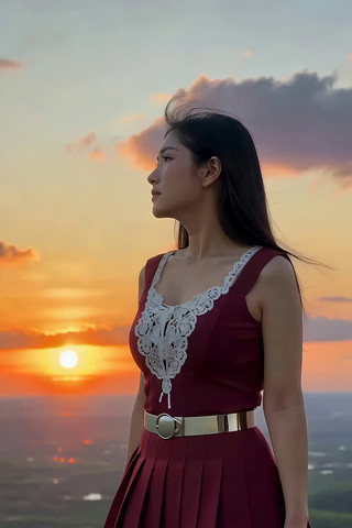 女子于日落时分眺望远方 女子于日落时分眺望远方