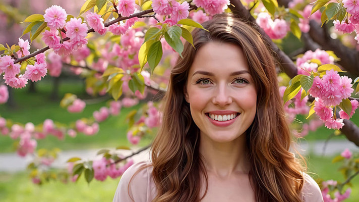 女子于樱花树下微笑 女子于樱花树下微笑