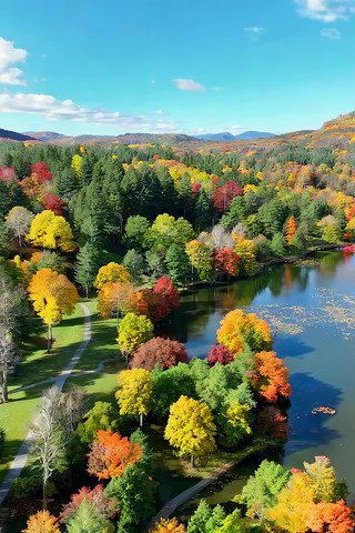 秋季森林湖泊航拍全景 秋季森林湖泊航拍全景