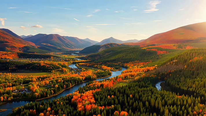 秋季山谷河流树林全景 秋季山谷河流树林全景