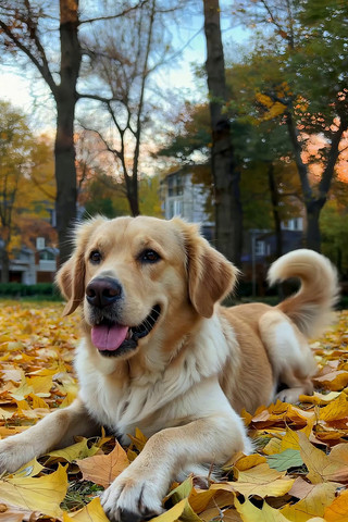秋日公园中休憩的金毛犬 秋日公园中休憩的金毛犬
