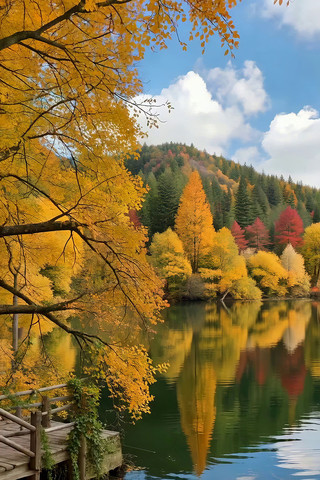 秋日湖边多彩树林风景 秋日湖边多彩树林风景