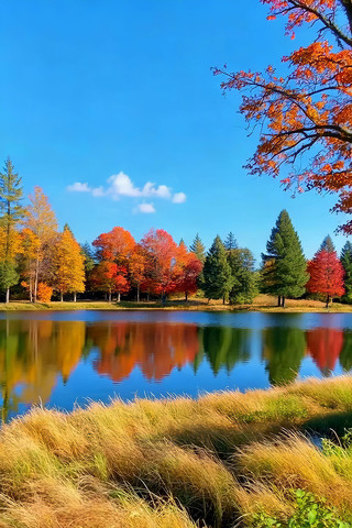 秋日湖边多彩树林风景 秋日湖边多彩树林风景
