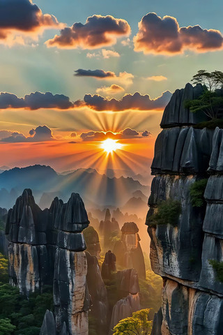 日出时分的奇特石林景观 日出时分的奇特石林景观