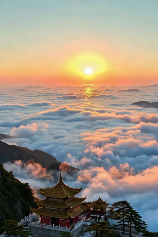 日出云海中的中式古建筑 日出云海中的中式古建筑