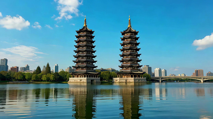 日月双塔湖景风光 日月双塔湖景风光