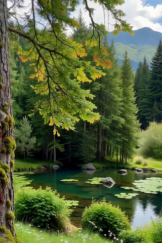 森林中的静谧池塘景观 森林中的静谧池塘景观