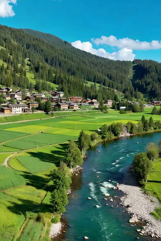 山村河流田野空中俯瞰景象 山村河流田野空中俯瞰景象