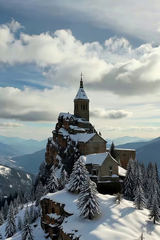山顶雪覆建筑自然风光 山顶雪覆建筑自然风光