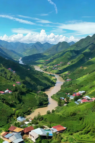 山谷间河流旁村庄自然风光 山谷间河流旁村庄自然风光